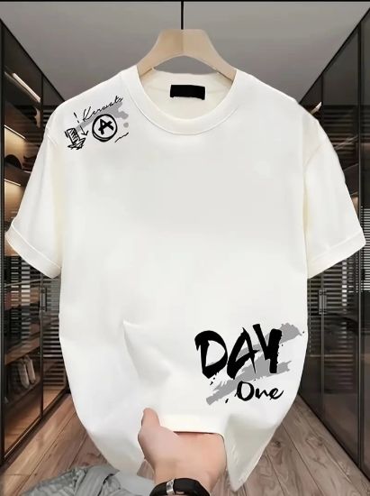 Baskılı Oversize Bisiklet Yaka T-shirt - Beyaz resmi